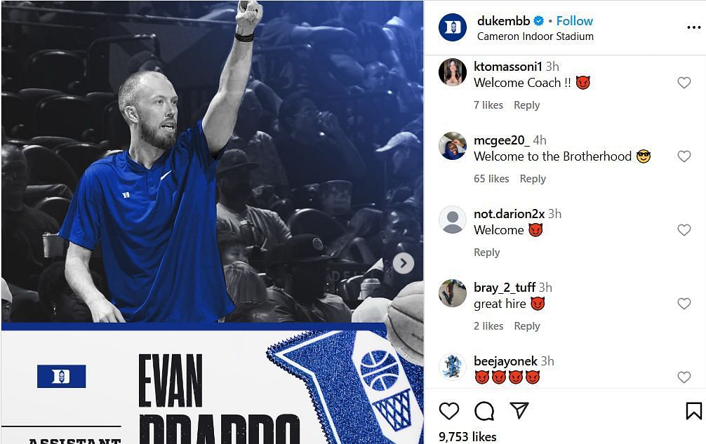 College hoop fans react to Evan Bradds' appointment on IG.